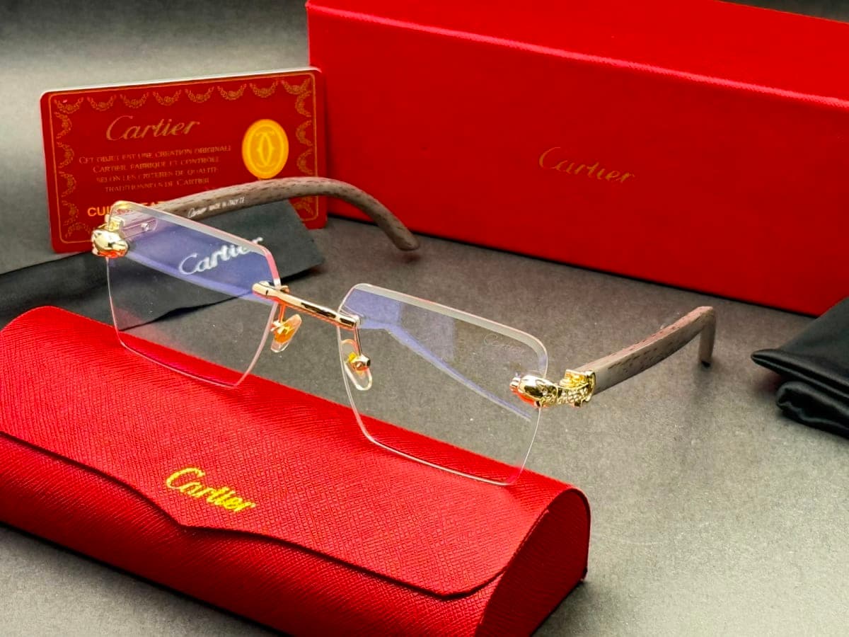 Panthère de Cartier Rimless Rectangular Wood Glasses