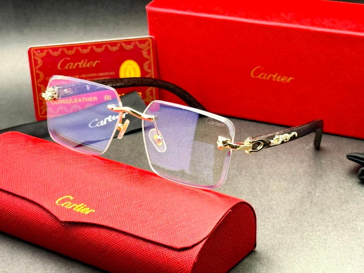 Panthère de Cartier Rimless Hexagonal Black Wood Glasses