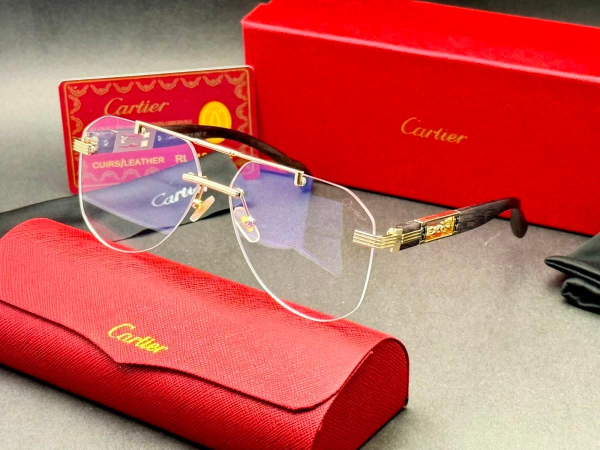 Cartier C Décor Rimless Aviator Pilot Wood Sunglasses